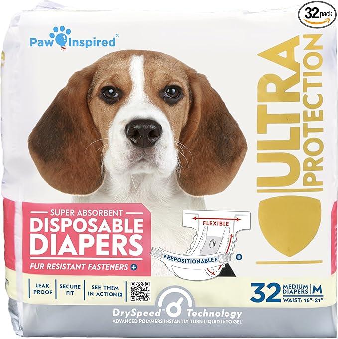Paw Inspired 32ct Disposable Dog Diapers | Female Dog Diapers Ultra Protection | Diapers for Dogs in Heat, Excitable Urination, or Incontinence (Medium Plus)