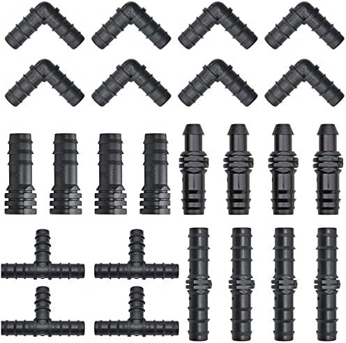 100PCS Drip Irrigation Fittings Kit, Kalolary 1/2 Inch Soaker Hose Connectors Irrigation Tube Fittings Water Hose Connector for 16mm Tube, Barbed Tees, Elbows, Couplings, End Plugs, Straight Barbs