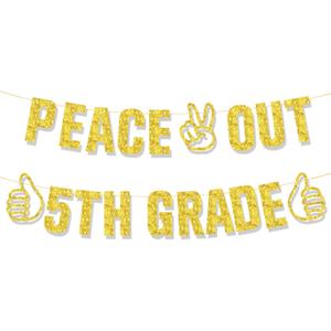 Peace Out 5th Grade Decorations, 2024 Fifth Grade Graduation Banner, Gold Glitter 5th Grade Party Decor for Boys Girls