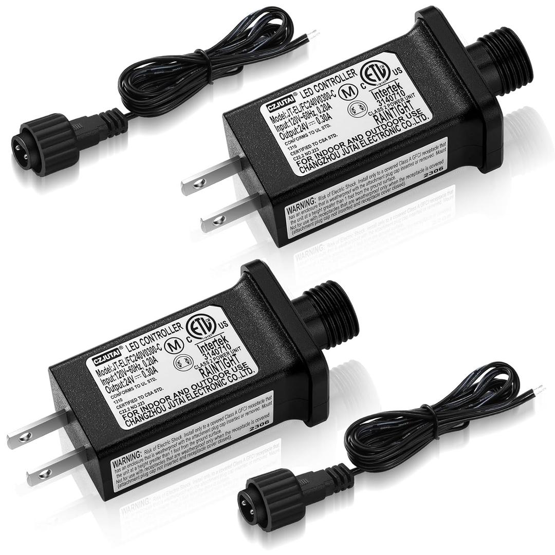 2 Pcs Class 2 Power Supply with 2 Extension Cord LED Transformer Replacement for Christmas String Lights LED Controller IP44 Waterproof Low Voltage Transformer(24v 7.2w)