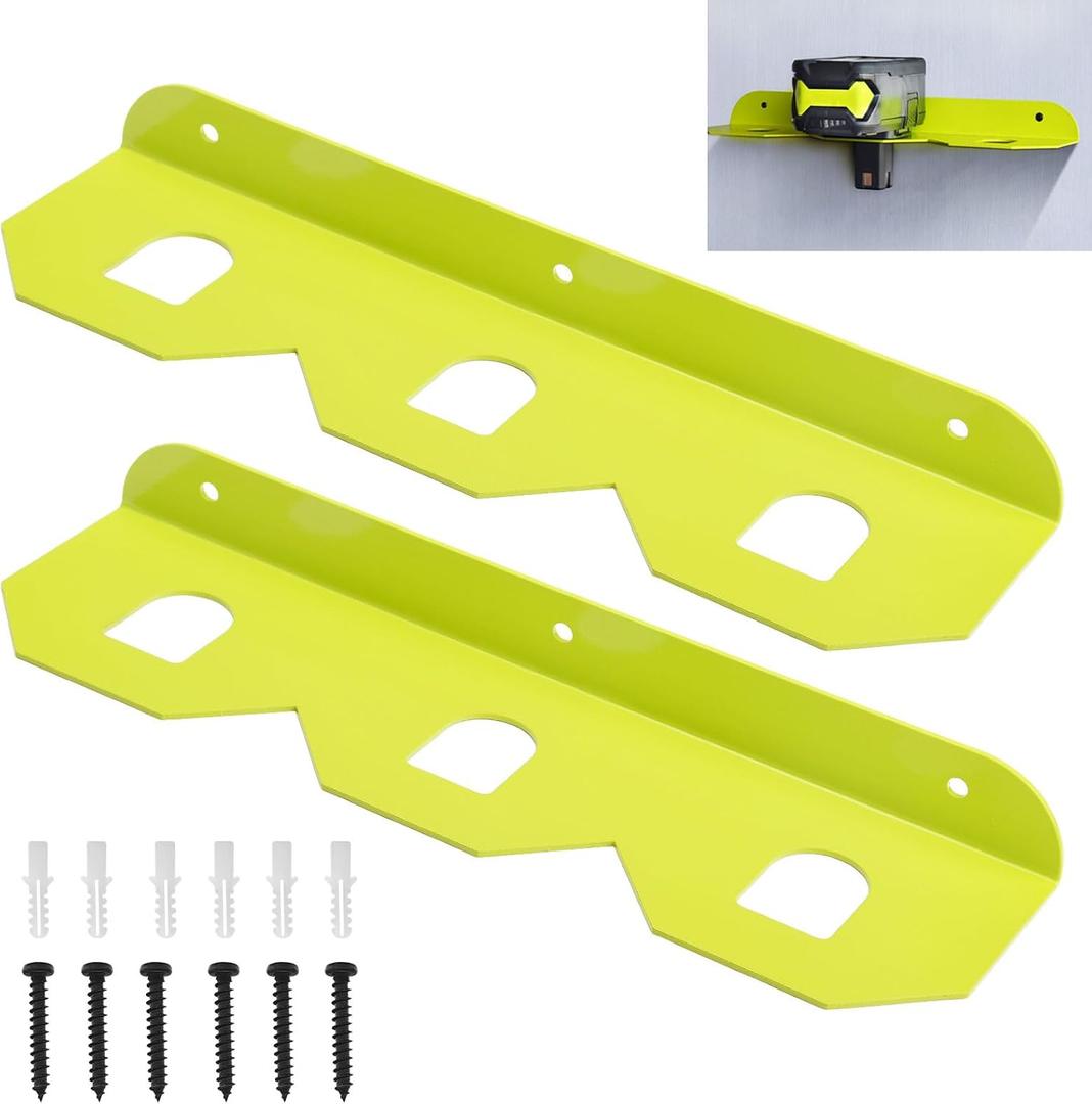 2 Pcs Metal Ry-obi 18V Battery Holder/Battery Wall Mount Rack for Ryobi 18V Bat-tery Storage with 3 Slots, Battery Mount Organizer with Screws and Dry wWall Anchors (Fruit Green)