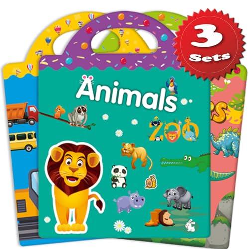 Reusable Sticker Books for Toddlers Kids Age 3+, Toddler Toys, 9 Sets Sticker Books Learning Activities, Kids Learning Toys, Travel Toys Gifts - Animals, Dinosaurs and Vehicles Pack of 3