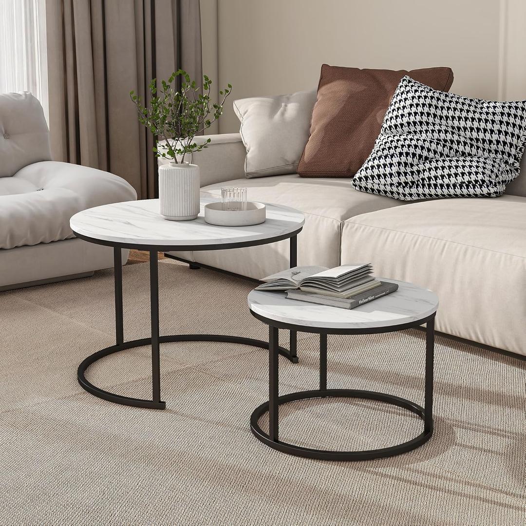BOFENG Industrial Round Coffee Table Set of 2 End Table for Living Room,Bedroom,Office,Stacking Side Tables,Wood Look Accent Furniture with Sturdy Steel Frame,Easy to Assemble,White