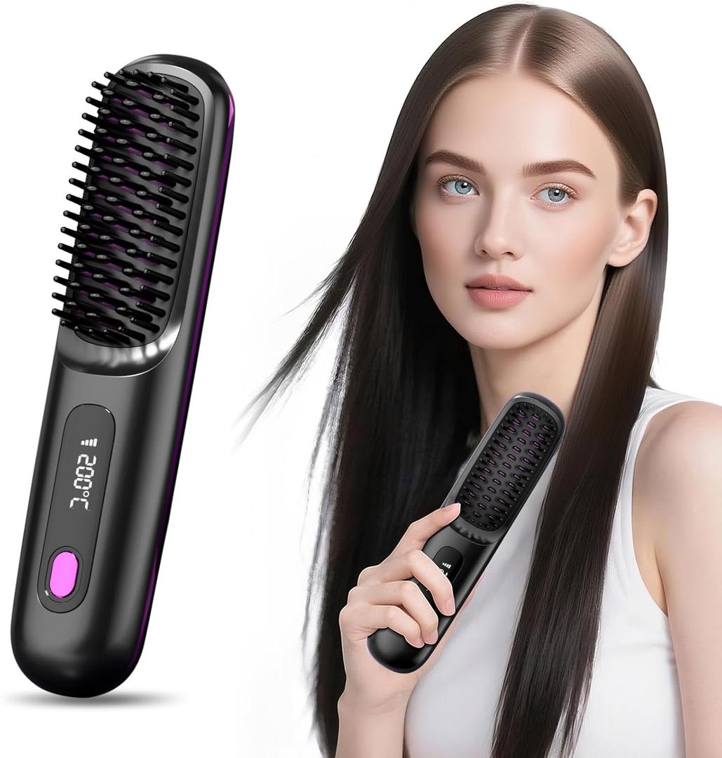 Lovinity Hair Straightener Brush with LCD Display(MCH Ceramic Fast Heating)(Cordless USB Charging Straightener) Portable Mini Straightening Brush for Home Travel, Black