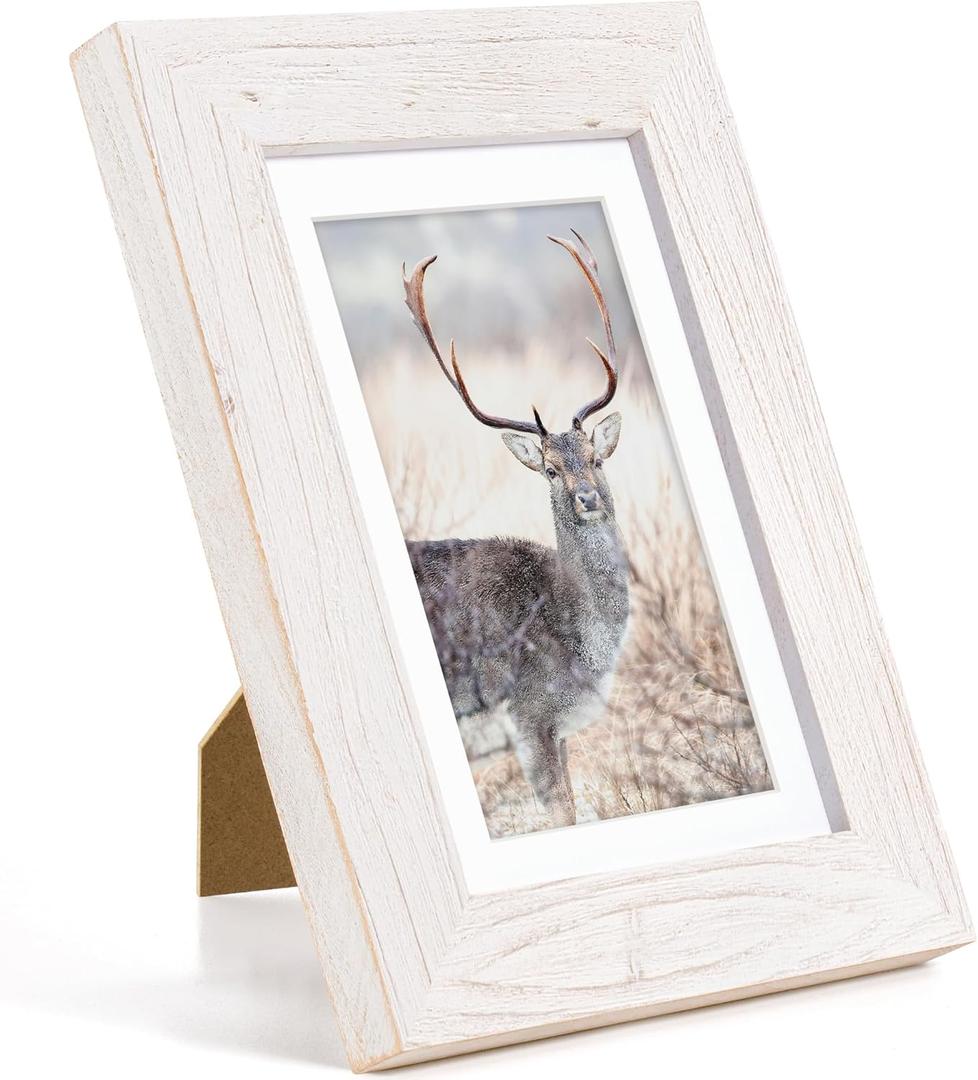 Fun Memories 5x7 Picture Frame, Natural Elm Wood, White, 5"x7" with Tempered Glass & Mat for 4x6, Rustic Wall & Tabletop Display, 1 Pack