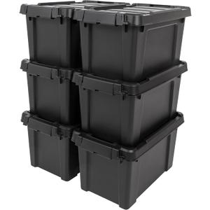 IRIS USA 5 Gallon Lockable Storage Bins with Lids, 6 Pack - Made in USA, Heavy Duty, Stackable Containers, Garage Organizing Bins Moving Tubs, Rugged Sturdy Equipment Utility Box - Black