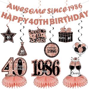 Kuxriox 11Pcs 40th Birthday Decorations Kit for Women, Rose Gold Happy 40th Birthday Banner, Awesome Since 1986 Centerpieces Swirls Party Supplies, Forty Bday Banner Ceiling Table Topper Sign