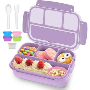 QQKO Bento Box Adult Lunch Box, Lunch Containers for Adults Men Women, Kids Lunch Boxes for School with 4 Compartments, Sauce Container, Utensils and Muffin Cups