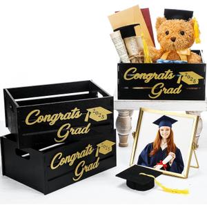 Weysat 3 Pcs Grad Basket for Graduation 2025 Congrats Grad Wooden Serving Bowl Graduation Candy Boxes Table Boxes to Collect Letters Greeting Gift Keepsake for Class of 2025 Party Decoration Supplies