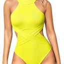 OQQ Women's One Piece Swimsuits Tummy Control High Waisted Cross Bathing Suit Wrap Tie Back 1 Piece Swimwear Yellow, Size L