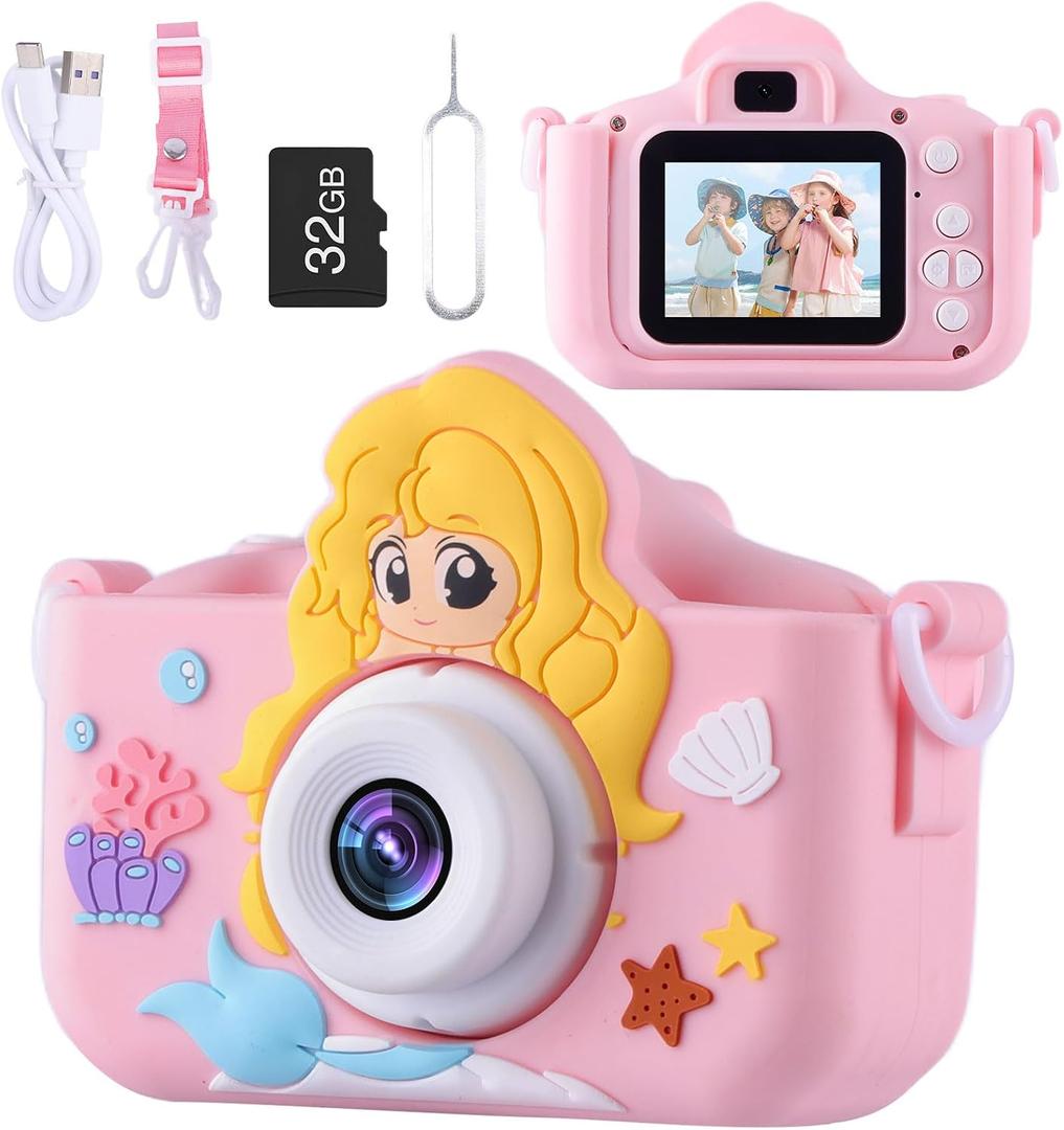 Envyvip Camera for Kids Girls Age 3-8, Mermaid Toys Toddler Digital Camera Christmas Birthday Gifts for 3 4 5 6 7 8 Years Old Girl, Cute Selfie Video Camera, HD 1080P, 32GB SD Card