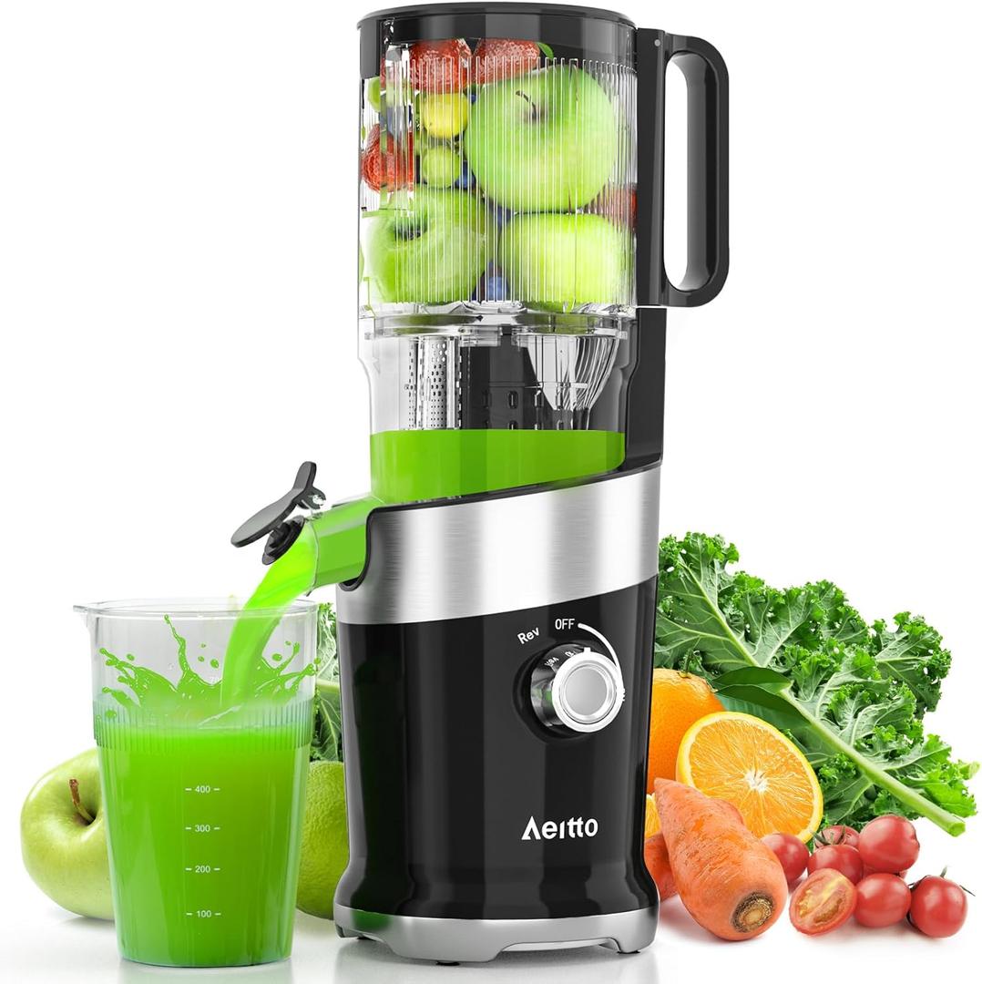 Cold Press Juicer with Whole Feed Chute, Aeitto Masticating Juicer Machines, Juice Extractor Machine Easy to Clean, High Juice Yield, For Whole Vegetables and Fruits, Easy to Assemble, Onyx Black