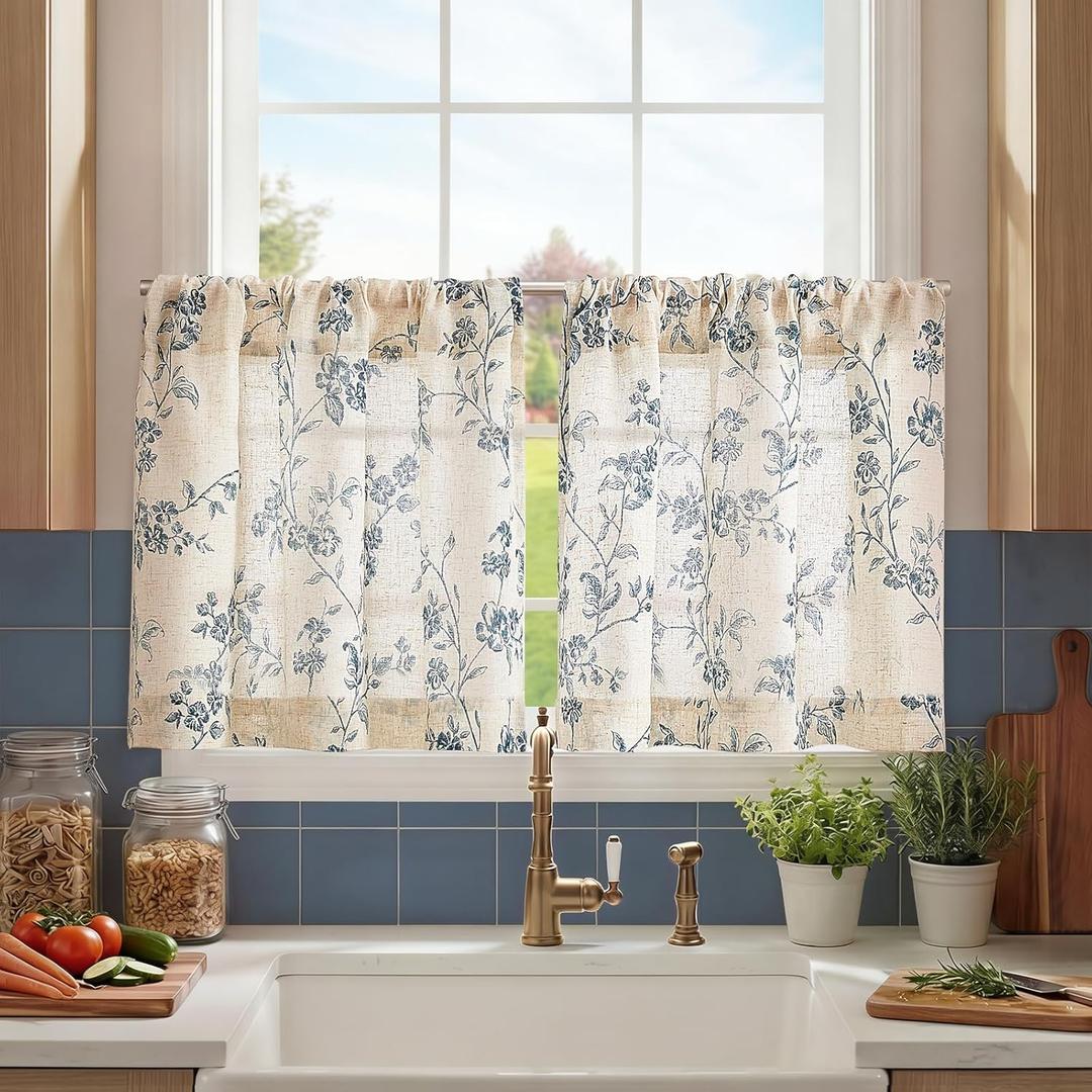 jinchan Floral Kitchen Curtains 24 Inch Linen Tier Curtains Farmhouse Cafe Half Window Drapes Over Sink Light Filtering for Living Room Laundry RV Rod Pocket 2 Panels Blue on Beige