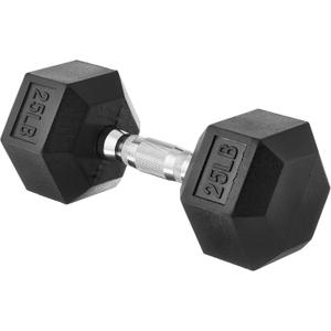 Amazon Basics Rubber Hex Dumbbell Weight with Comfortable Grip, Hexagon-Shape Prevents Rolling, Cast-Iron Core for Home Gym Workouts, 25 Pounds, Single, Black