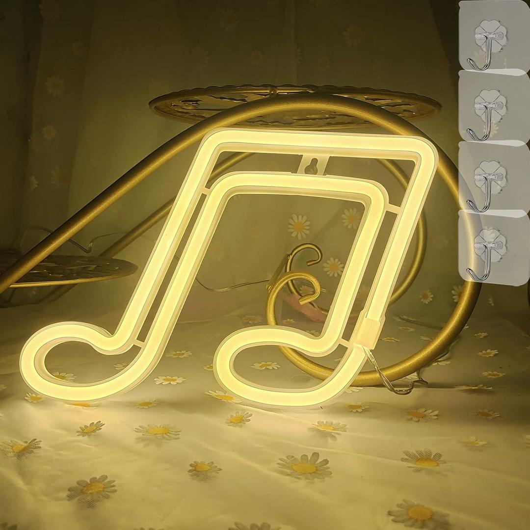 Musical Note Neon Signs LED Neon Light Sign for Wall Decor Led Music Note Shaped Neon Lights Decorative Night Light for Birthday Gift Bedroom Living Room Kids Room Party Decoration(Warm White)