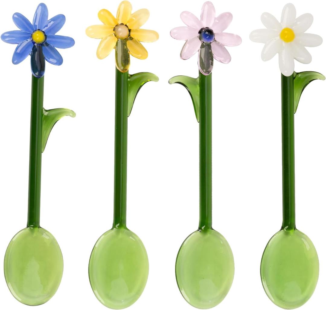 3 Pcs Flower Glass Spoons,5.9 inch Colorful Transparent Long Handled Coffee Stirring Spoons Cocktail Stirrer for Home Bar & Party Gathering