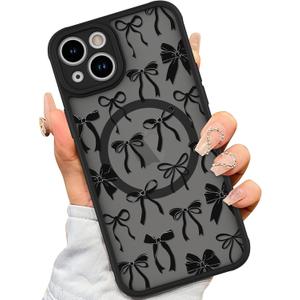 AIGOMARA Case for iPhone 14 Plus [Compatible with MagSafe] Black Ribbon Bow Pattern Design Soft TPU Bumper Hard PC Back Anti-Fall Shockproof Protective Slim Magnetic Cover for Women Girls