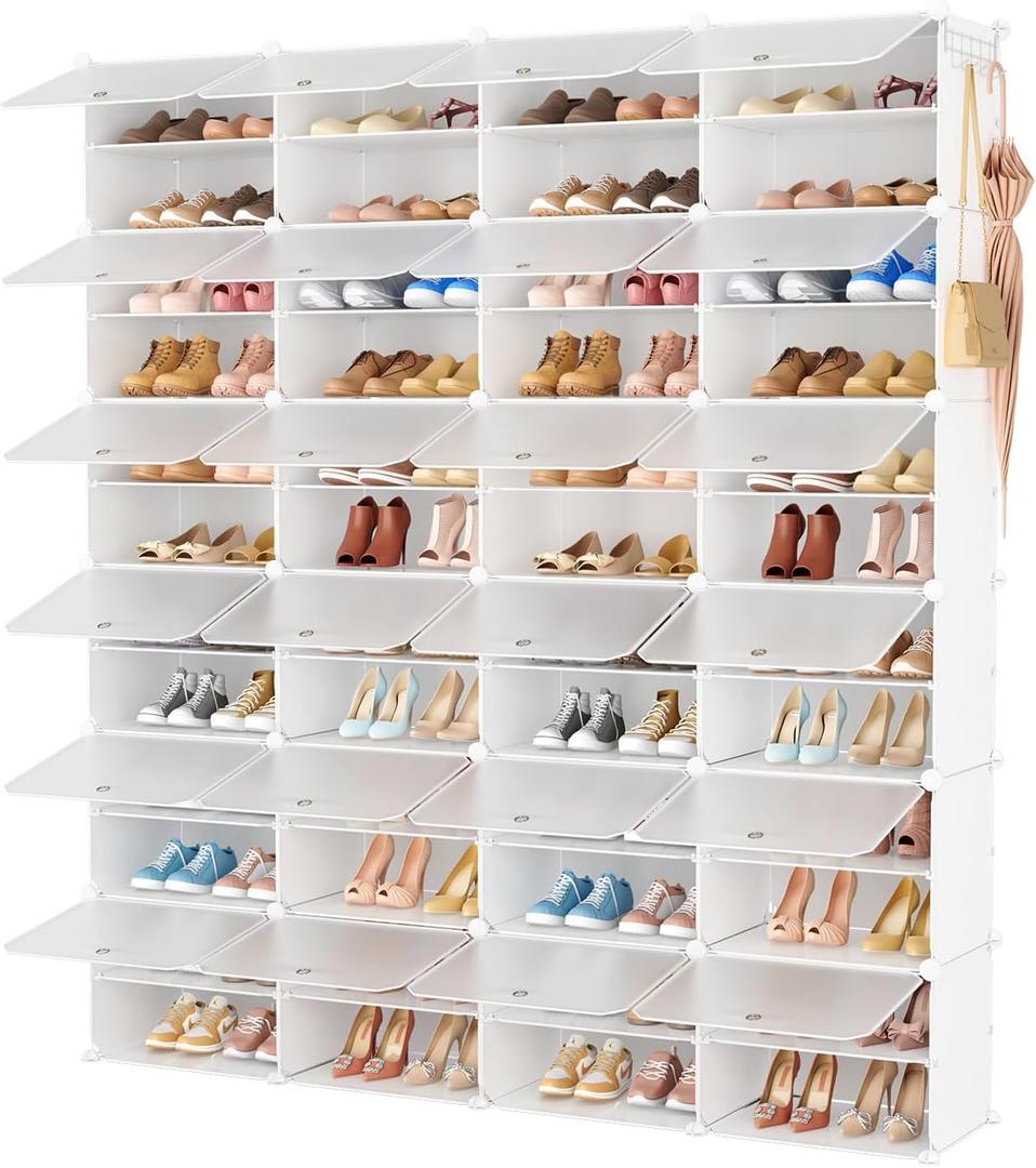 Shoe Rack Organizer 12 Tier Shoe Storage Cabinet with Door 96 Pair Tall Shoes Rack Expandable Free Standing Sturdy Plastic Easy Assembly Shoes Shelf for Closet Entryway Bedroom Hallway White, 48" Wide-96 Pairs