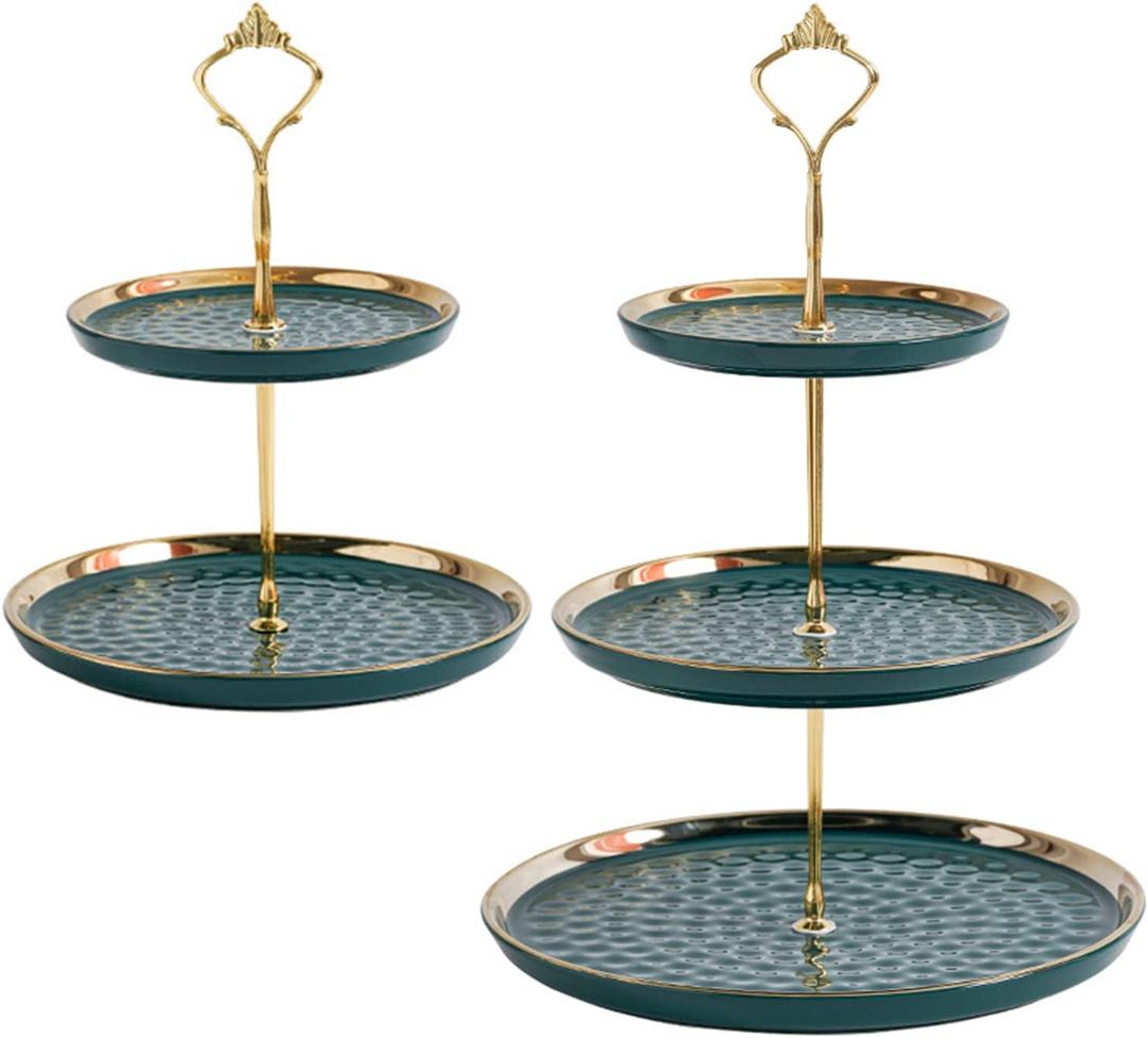Tosnail Set of 2 Porcelain Cupcake Stand Ceramic Dessert Stand Tiered Serving Trays with Gold Rod, 3 Tiers and 2 Tiers Cake Stand Party Serving Trays Fruit Pastry Holders for Wedding and Party