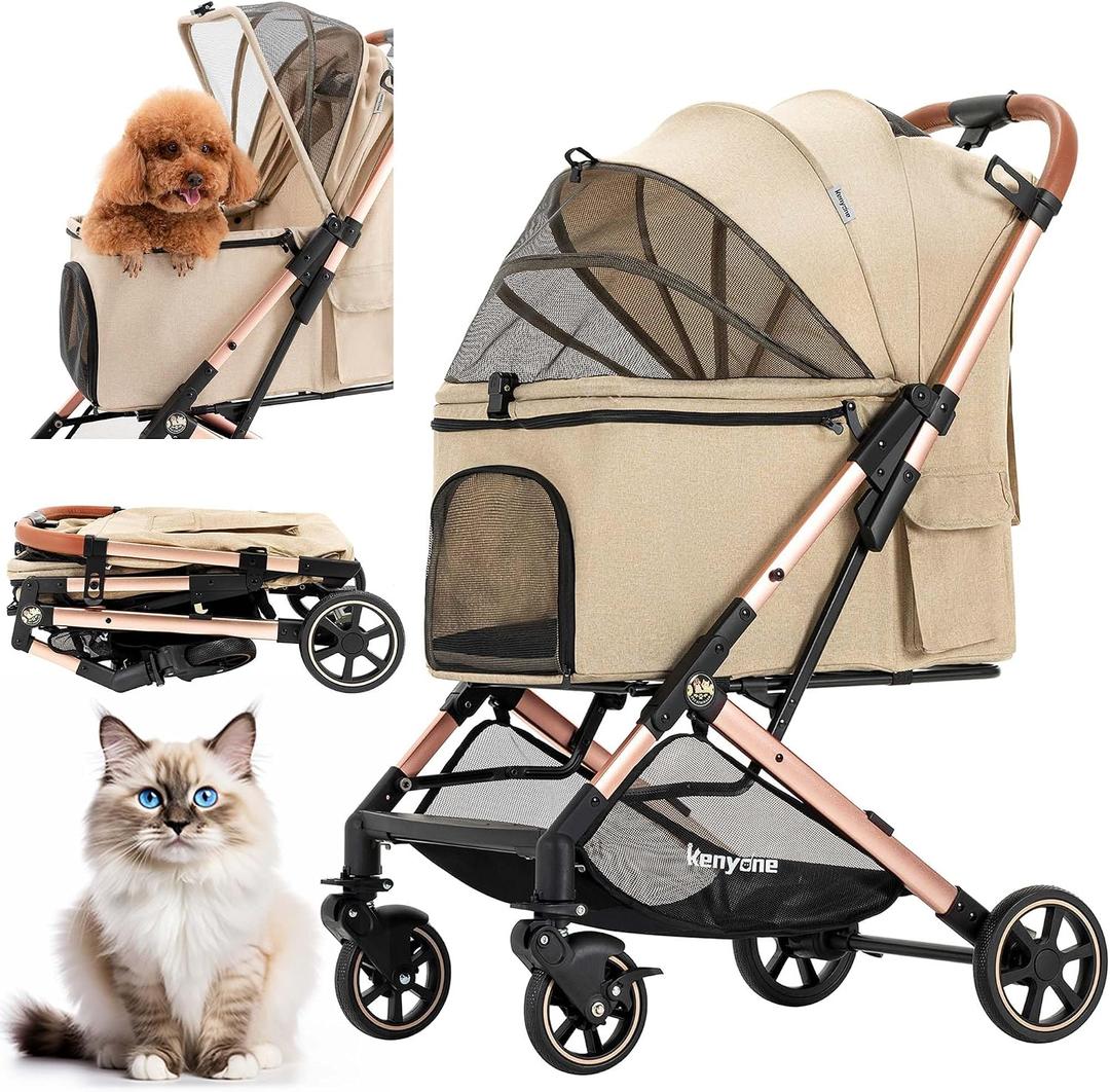 Medium Dog Stroller, Kenyone Pet Stroller for Medium Dogs Up to 55lbs, Lightweight Aluminum Frame, One Click Folding, Large Cat Stroller with No Zip Entry, Detachable Mesh, Multiple Pockets