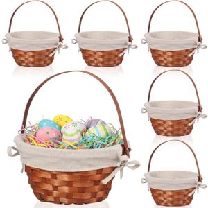 6 Pcs Woven Basket with Liner and Handle Bamboo Empty Gift Baskets for Fruit Candy Wine Picnic Gathering Wedding