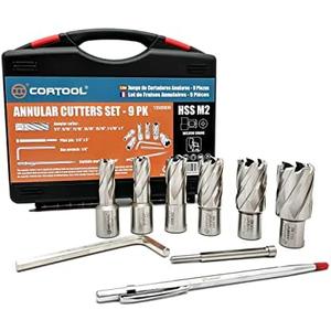 CORTOOL Annular Cutters Set 9pcs 3/4 Inch Weldon Shank 1 Cutting Depth 1/2-1-1/16 Cutting Diameter Two-Flat HSS M2 Slugger Bits for Mag Drill Press with Pilot Pin & Carbide Tipped Pen