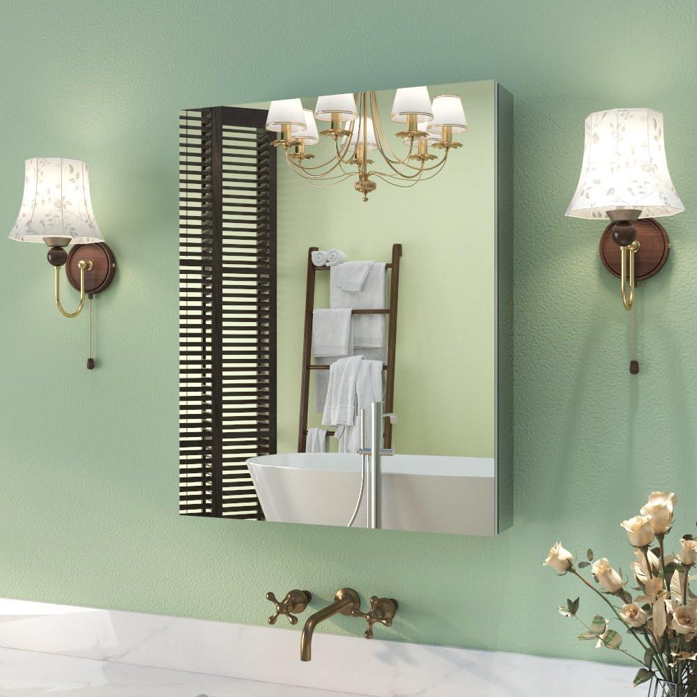 20''x26'' Medicine Cabinet with Mirror, Aluminum Surface Mount or Recessed Bathroom Mirrored Medicine Cabinet with Storage, 2 Adjustable and Stable Glass Shelves, Frameless Silver Modern