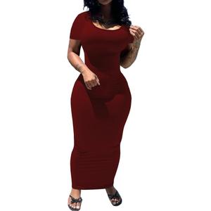 PINSV Women's Casual Bodycon Maxi Dress Summer Scoop Neck Short Sleeve Long Fitted Dresses Club Party (Large, Solid Wine Red)