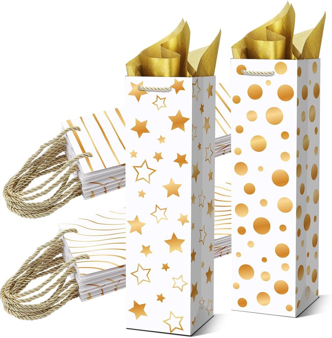 Ovveroche 20 Pack Wine Gift Bags with Handles and Tissue Paper Gold Foil Wine Bottle Gift Bags for Holiday Party Birthday Wedding