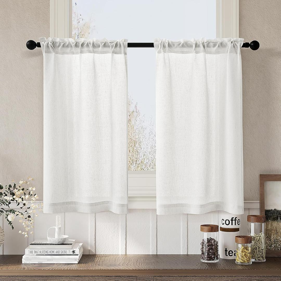 Linen Sheer Curtains for Kitchen Windows 36 Inch Rod Pocket Length Light Filtering Privacy Short Curtains Farmhouse Boho for Bathroom RV 2 Panels Ivory White