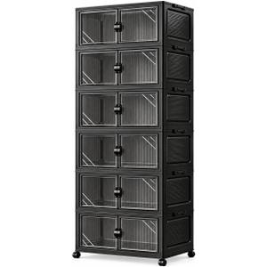 291QT Foldable Storage Cabinet with Wheels & Lid, 6-Tier Black