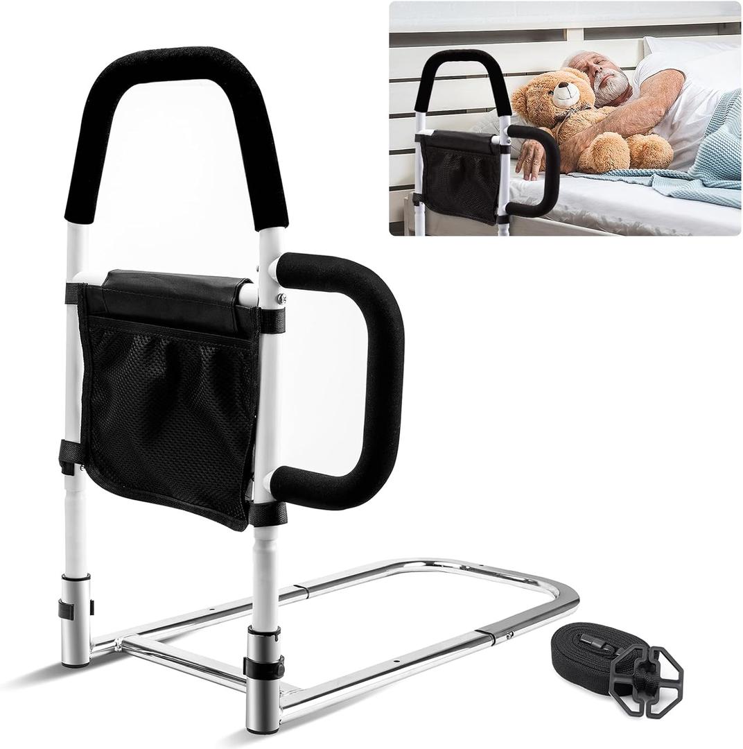WHOMEC Bed Rails for Elderly Adults - Bed Assist Rail with Double Grab Bars & Fall Prevention Guard & Storage Pocket fits King, Queen, Full, Twin, Support Up to 300lbs, Height 25.6''