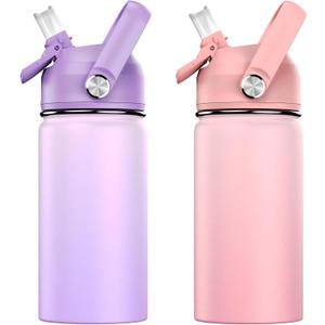 ACESAK 14oz Kids Insulated Water Bottle with Straw Lid - 18/8 Stainless Steel Kid Cup Travel Tumbler Double Wall Vacuum Leak Proof Portable Toddler Water Bottle (Pink+Purple