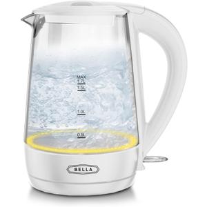 BELLA 1.7 Liter Glass Electric Kettle, Quickly Boil 7 Cups of Water in 6-7 Minutes, Soft Yellow LED Lights Illuminate While Boiling, Cordless Portable Water Heater, Carefree Auto Shut-Off, White