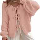 Women's Tie Front Bow Cardigan Sweaters Chunky Knit Long Puff Sleeve Trendy Fall Winter Jacket Coats, XL, Pink