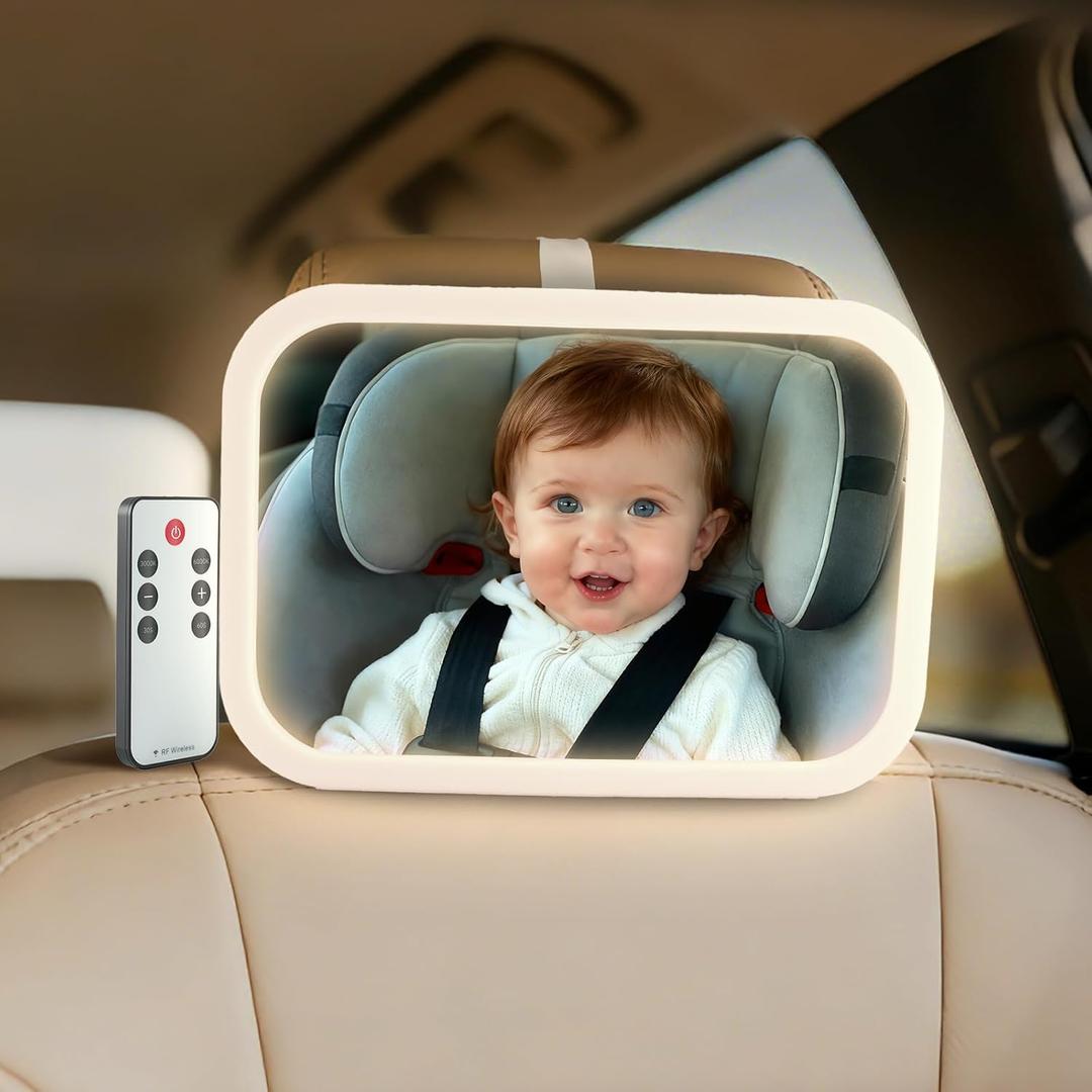Baby Car Mirror with Remote Control Light, Shatterproof, 360 Adjustable Wide View with Night Vision, Easy Install for Rear Facing Infant Backseat (White)