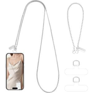 Dadanism Universal Phone Lanyard Set, Cellphone Chain Crossbody*1 Phone Wrist Strap*1 with 2 Tether Tabs for iPhone 16 and Most Smartphones, iPhone Charm for Women Girls Party Traveling, Silver (Extended)