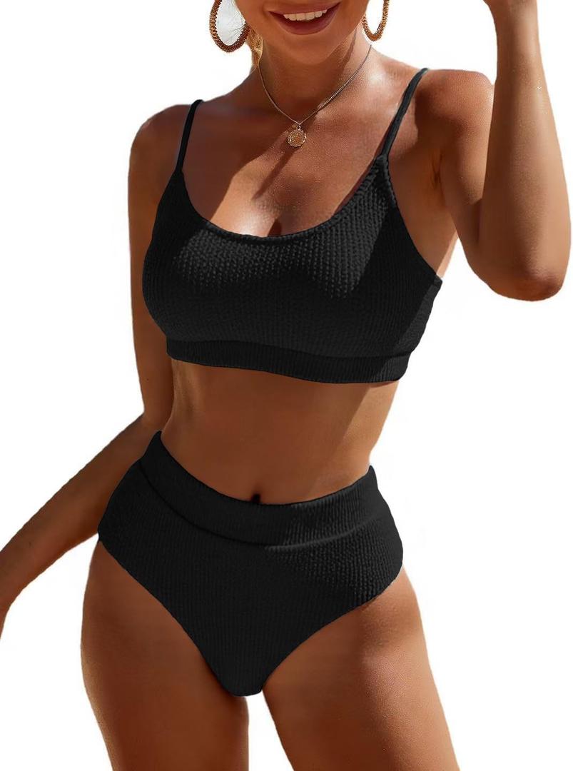 Fanuerg Women's Ribbed High Waisted Bikini Sets Scoop Neck Two Piece Swimsuits Spaghetti Strap Textured Bathing Suit (Large, Black)