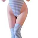 SINROYEE Women Kawaii Anime Onesie SexyCosplay Lingerie set Halter Strap Micro Bra Tiny Panty with Striped Stockings (Blue 1, ONE SIZE)