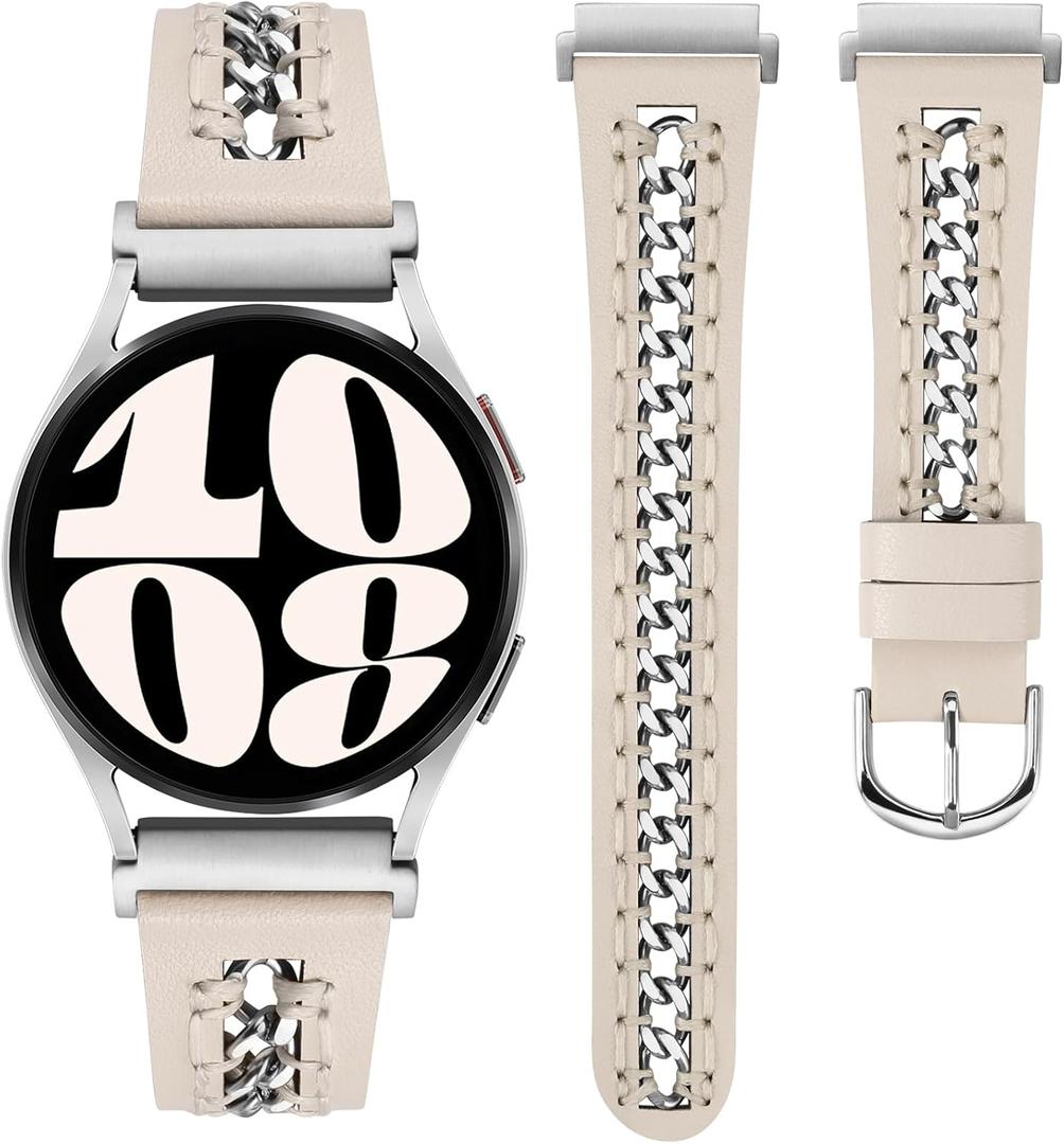 Minyee Leather Band Compatible with Samsung Galaxy Watch 7/6/5/4/FE/Active 2 40mm 44mm/Watch 6 Classic 43/47mm/Watch 5 Pro 45mm Bands, 20mm Dressy Leather Strap with Stainless Steel Metal Chain Women (Starlight/Silver)