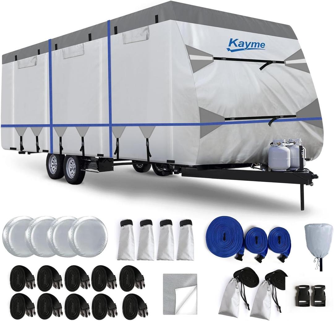 Kayme 300D Oxford Travel Trailer RV Cover, Tearproof Waterproof Windproof 20-22ft Camper Cover, RV Tarp Anti-UV Snowproof with Zipper Door, Wind Protector Straps4 Tire Covers, and Jack Cover.