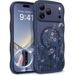 GVIEWIN for iPhone 17 Pro Max Case Compatible with MagSafe [Curly Wave Edge][Full Camera Protection] Floral Translucent Shockproof Magnetic Women Phone Case for 17 Pro Max, Floratopia/Blue