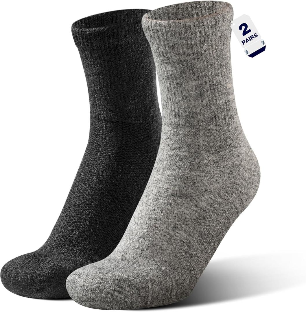 Alpaca Wool Diabetic Socks for Men Women Non Binding Wide Loose Fit Thick Warm Soft Seamless Moisture Breathable (Black+gray)