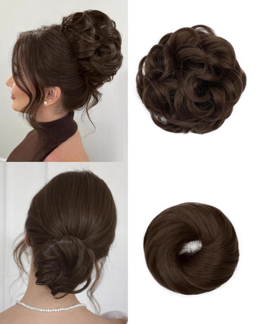 2PCS Messy Bun Hair Piece-Large Wavy Curly & Donut Updo Hair Pieces Set, Scrunchies Synthetic Chignon Ponytail Extensions Thick Updo for Women(Medium Brown)