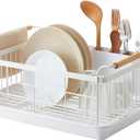 YAMAZAKI Home Dish Drying Rack Modern White Dish Rack for Kitchen Counter with Removable Drainer Tray and Cutlery Holder, Steel + Wood Dish Drying Organizer - Steel + Wood -