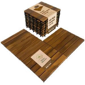 10 pcs Premium Acacia Wood Interlocking Decking Tiles  12x12x0.9in Weatherproof Patio Flooring Outdoor  Interlocking Deck Tiles for Balcony, Backyar & Poolside, All-Weather Use (Golden Teak Finish)