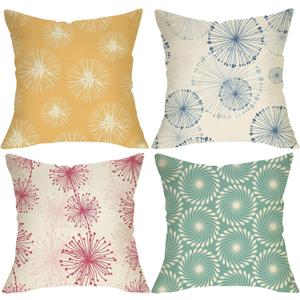Colorful Dandelion Flower Decorative Throw Pillow Covers 18 x 18 Set of 4, Abstract Floral Blossom Modern Art Geometric Porch Outdoor Home Decor, Spring Summer Botanical Sofa Couch Cushion Case