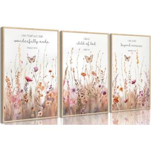 3Pcs Christian Nursery Canvas Wall Art Bible Verse Wildflowers Floral Painting Pictures Wall Decor Poster Print Artwork for Living Room Bedroom Girls Room Home Decorations Unframed (16L''x12W'')