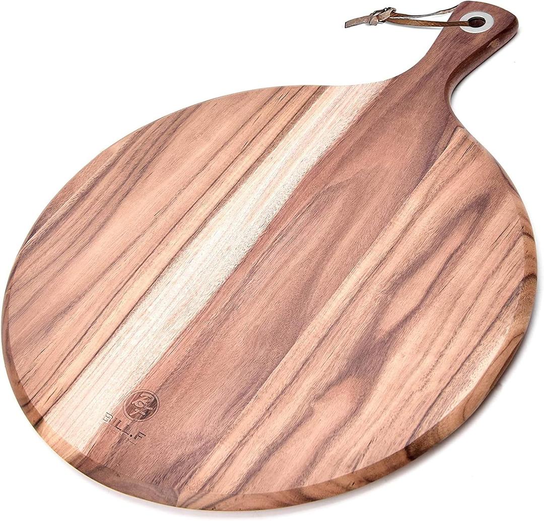 BILL.F Wood Pizza Peel 16 Inch,16" Acacia Wood Round Cutting Board with Handle Pizza Board for Kitchen Charcuterie Decorative Board