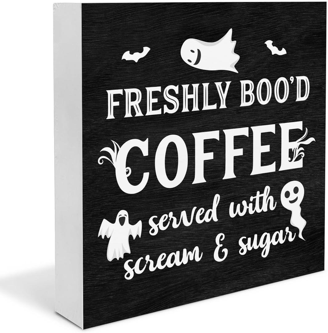 2 x Halloween Decor, Coffee Bar Decorations, Ghost Wooden Decorative Sign, Halloween Kitchen Decor for Desk Table Shelf 5 x 5 Inches